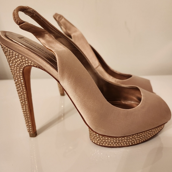BCBG Max Azria Platform Satin Peeptoe Slingback Heels Crystal Studded Size 9B - Picture 1 of 10